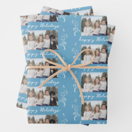 Gezinsfoto's met kerstfeest Happy Holiday Blue Inpakpapier Vel