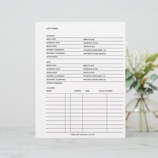 Gezinsgegevens Genealogie Fillable Form Sjabloon (Staand voorkant)