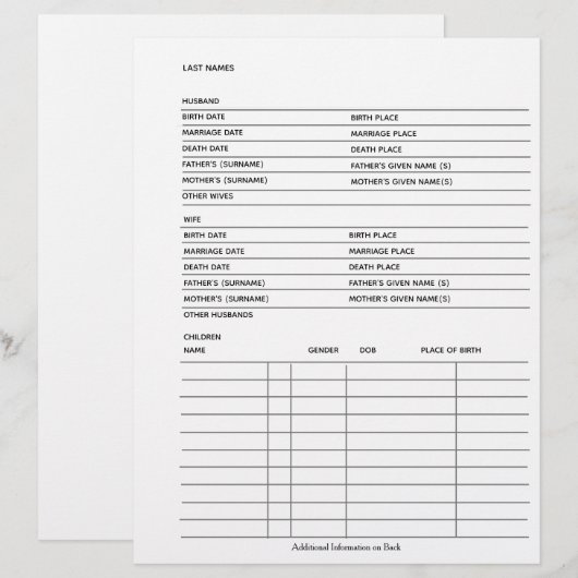 Gezinsgegevens Genealogie Fillable Form Sjabloon (Voorkant / Achterkant)