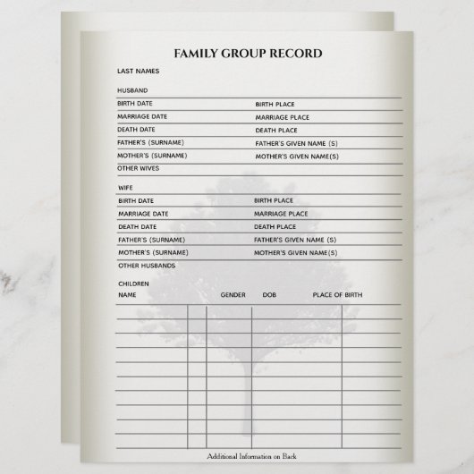 Gezinsgegevens Genealogie Fillable Form Sjabloon (Voorkant / Achterkant)