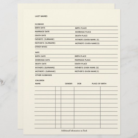 Gezinsgegevens Genealogie Fillable Form Sjabloon (Voorkant / Achterkant)