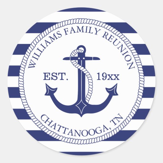 Gezinshereniging Nautical Anchor Monogram gestript Ronde Sticker (Voorkant)