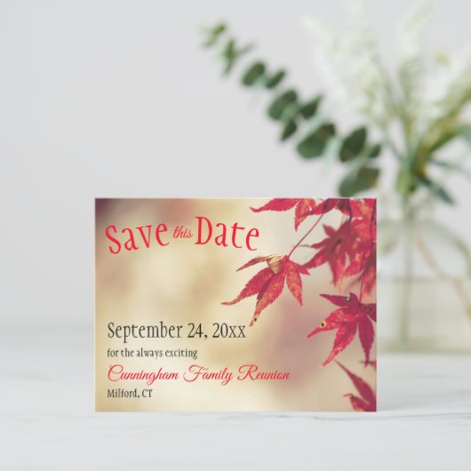 Gezinshereniging Opslaan Datum Herfst Red Leaves B Briefkaart (Staand voorkant)