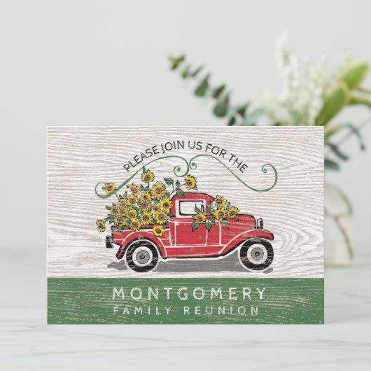 Gezinshereniging  Red Truck Sunflower Rustic Kaart (Staand voorkant)