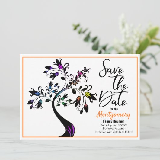 Gezinshereniging Sparen de Datum Modern Boom Oranj Aankondiging (Staand voorkant)