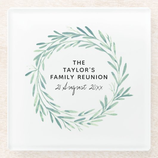 Gezinshereniging Waterverf met grote Greenery Foli Glazen Onderzetter (Voorkant)