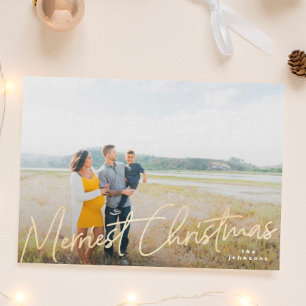 Gezinsherziening Merriest Kerstmis Gele Folie Foto Feestdagenkaart