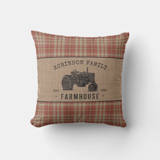 Gezinshuis Rustic Tractor Red Play Burlap Buitenkussen (Voorkant)