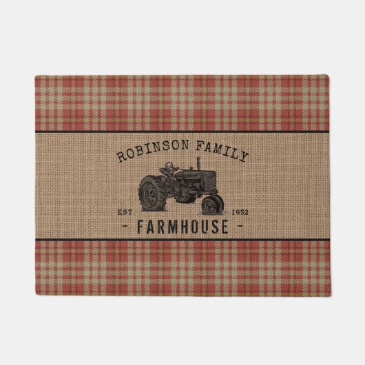 Gezinshuis Rustic Tractor Red Play Burlap Deurmat (Voorkant)