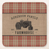 Gezinshuis Rustic Tractor Red Play Burlap Kartonnen Onderzetters (Voorkant)