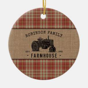 Gezinshuis Rustic Tractor Red Play Burlap Keramisch Ornament