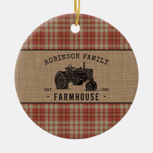 Gezinshuis Rustic Tractor Red Play Burlap Keramisch Ornament (Voorkant)