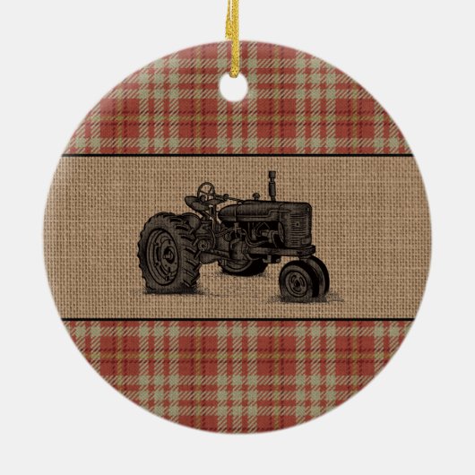 Gezinshuis Rustic Tractor Red Play Burlap Keramisch Ornament (Achterkant)