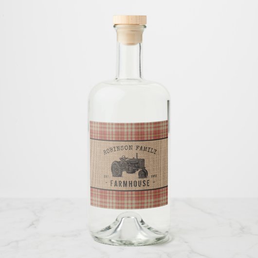 Gezinshuis Rustic Tractor Red Play Burlap Likeurfles Etiket (Voorkant)