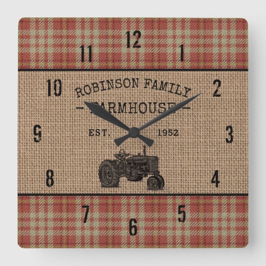 Gezinshuis Rustic Tractor Red Play Burlap Vierkante Klok (Voorkant)
