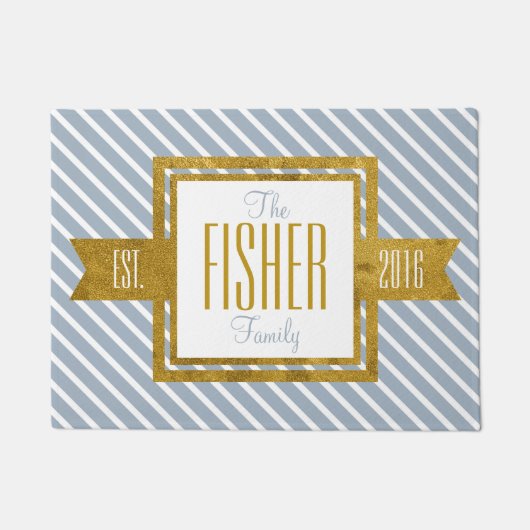 Gezinshuis Vastgesteld Jaar Goud en Blauwe Stripes Deurmat (Voorkant)