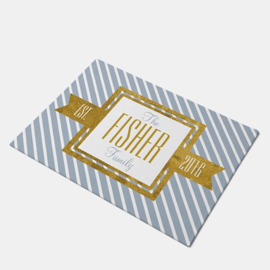 Gezinshuis Vastgesteld Jaar Goud en Blauwe Stripes Deurmat (Schuin)