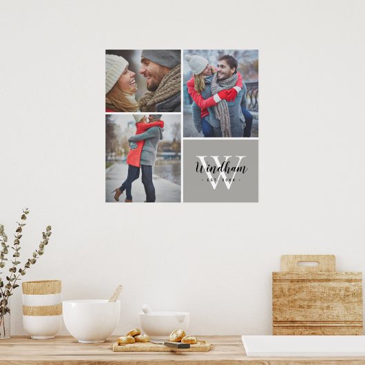 Gezinsmonogram Vastgestelde datum 3 Foto Collage Poster (Keuken)