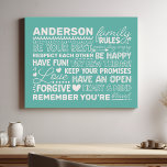 Gezinsregels Gepersonaliseerde naam Positief Blauw Imitatie Canvas Print<br><div class="desc">Creëer Een warme en gastvrije sfeer in uw huis met deze gepersonaliseerde blauwgroen canvas print. Met een modern ontwerp met hartverwarmende familieregels en ruimte om uw familienaam toe te voegen in witte tekst, is deze kunst aan de muur een prachtige manier om uw unieke band te vieren. Een perfecte aanvulling...</div>