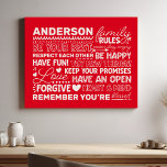 Gezinsregels Gepersonaliseerde naam Positief rood Imitatie Canvas Print<br><div class="desc">Creëer Een warme en gastvrije sfeer in uw huis met deze gepersonaliseerde rode canvas print. Met een modern ontwerp met hartverwarmende familieregels en ruimte om uw familienaam toe te voegen in witte tekst, is deze kunst aan de muur een prachtige manier om uw unieke band te vieren. Een perfecte aanvulling...</div>