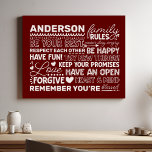 Gezinsregels Gepersonaliseerde naam Positieve Maro Imitatie Canvas Print<br><div class="desc">Creëer Een warme en gastvrije sfeer in uw huis met deze gepersonaliseerde maroon canvas print. Met een modern ontwerp met hartverwarmende familieregels en ruimte om uw familienaam toe te voegen in witte tekst, is deze kunst aan de muur een prachtige manier om uw unieke band te vieren. Een perfecte aanvulling...</div>