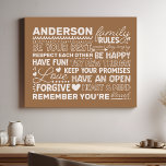 Gezinsregels Gepersonaliseerde naam Positieve toon Imitatie Canvas Print<br><div class="desc">Creëer Een warme en gastvrije sfeer in uw huis met deze gepersonaliseerde tan canvas print. Met een modern ontwerp met hartverwarmende familieregels en ruimte om uw familienaam toe te voegen in witte tekst, is deze kunst aan de muur een prachtige manier om uw unieke band te vieren. Een perfecte aanvulling...</div>