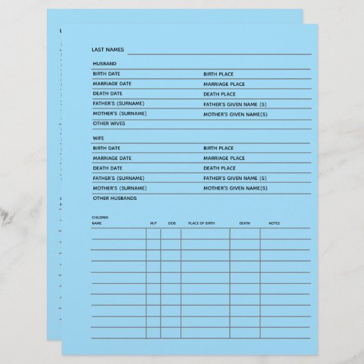 Gezinsregister genealogon (Voorkant / Achterkant)