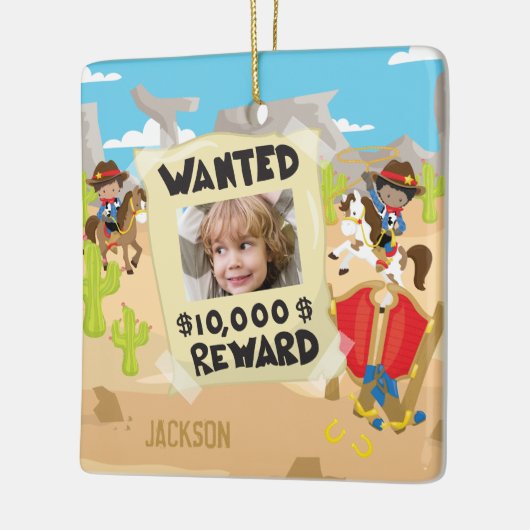 Gezocht Cowboy met foto en naam, Jongen kerst Keramisch Ornament (Links)