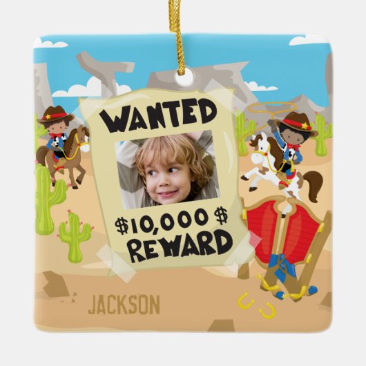Gezocht Cowboy met foto en naam, Jongen kerst Keramisch Ornament (Voorkant)