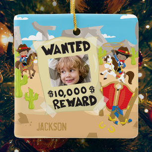 Gezocht Cowboy met foto en naam, Jongen Kerstmis Keramisch Ornament