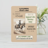GEZOCHT Cowboy Verjaardagsfeestje - Riding Cowboy Kaart (Staand voorkant)