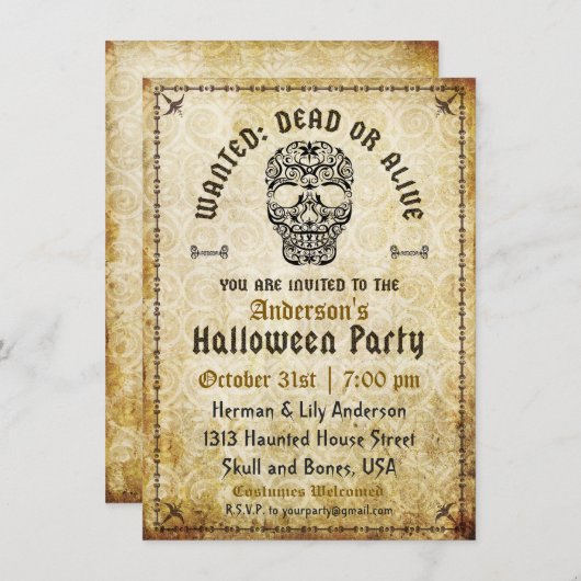 Gezocht dood of levend Halloween schedel uitnodigi Kaart (Voorkant / Achterkant)
