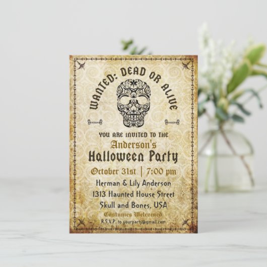 Gezocht dood of levend Halloween schedel uitnodigi Kaart (Staand voorkant)