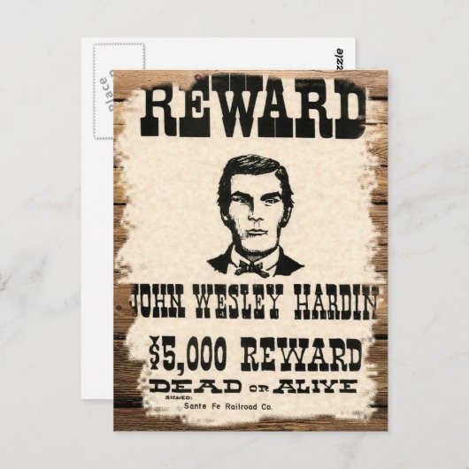 Gezocht John Wesley Hardin Briefkaart (Voorkant / Achterkant)