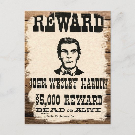 Gezocht John Wesley Hardin Briefkaart (Voorkant)