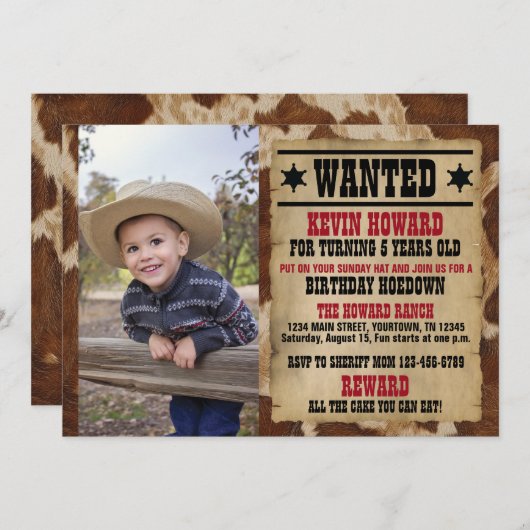 Gezocht Poster Cowboy Verjaardagsuitnodiging Kaart (Voorkant / Achterkant)