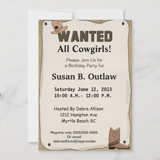 Gezocht Poster Cowgirl Verjaardagsuitnodiging Kaart (Voorkant)