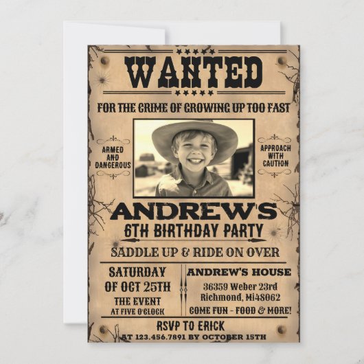 Gezocht Poster Westerne cowboy met foto verjaardag Kaart (Voorkant)