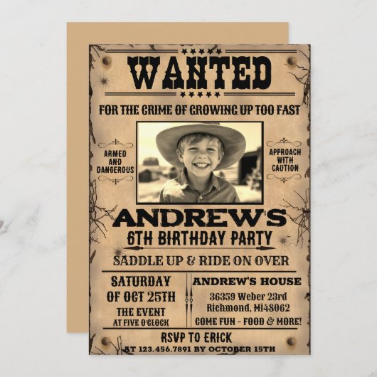 Gezocht Poster Westerne cowboy met foto verjaardag Kaart (Voorkant / Achterkant)