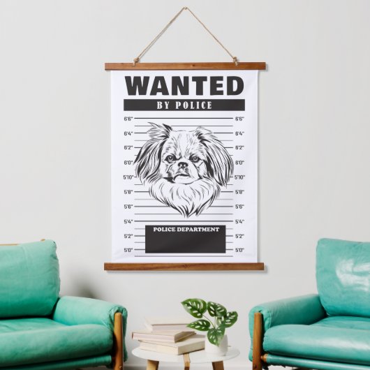Gezochte Mugshot van Pekingees Hond Hangend Wandkleed (Woonkamer)