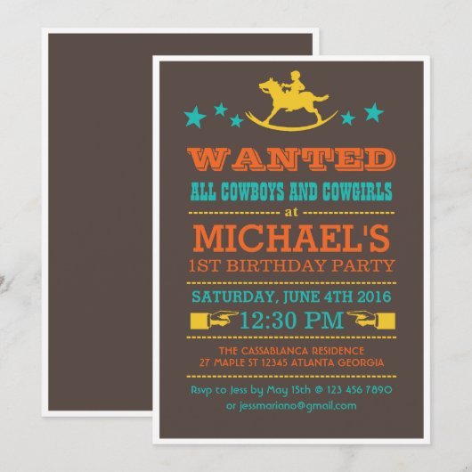  Gezochte Westerne Cowboy Birthday Uitnodiging (Voorkant / Achterkant)