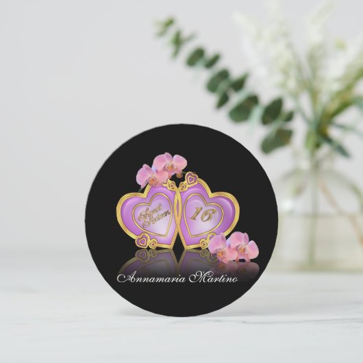 gezoet 16 Roze en zwarte ronde uitnodiging (Staand voorkant)