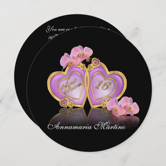 gezoet 16 Roze en zwarte ronde uitnodiging (Voorkant / Achterkant)