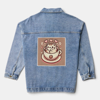 Gezonde Kat & Koffie-Schattigee Kawaii Kat in Teac Denim Jacket