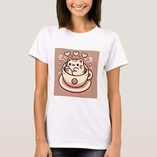 Gezonde Kat & Koffie-Schattigee Kawaii Kat in Teac T-shirt (Voorkant)