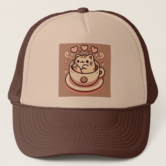 Gezonde Kat & Koffie-Schattigee Kawaii Kat in Teac Trucker Pet (Voorkant)