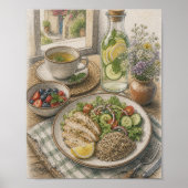Gezonde mediterraanse lunch bij raam gekleurde pot poster (Voorkant)