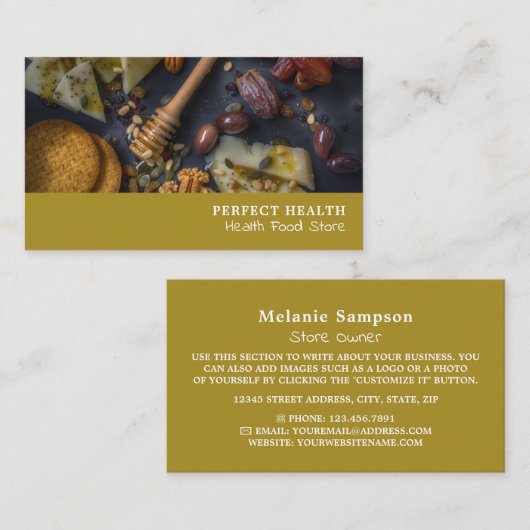 Gezonde voeding, levensmiddelenwinkel voor gezondh visitekaartje (Voorkant / Achterkant)