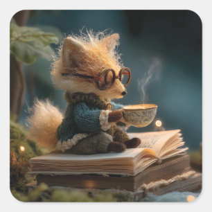 Gezonde Vos Leest Boek en Drinkt Thee Vierkante Sticker