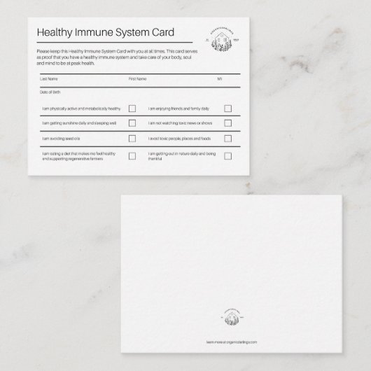 Gezondheid van het immuunsysteem | Verpakking van  Visitekaartje (Voorkant / Achterkant)